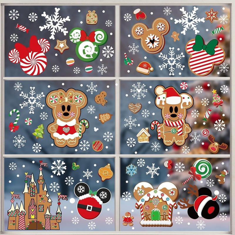 MAXDUCK Christmas Gingerbread Window Cling Decorations - 12 Sheets Double-Sided Christmas Gingerbread Sticker for Window Decor, Mouse, Castle, Snowflake Stickers for Indoor Office Home Decor - Image 1